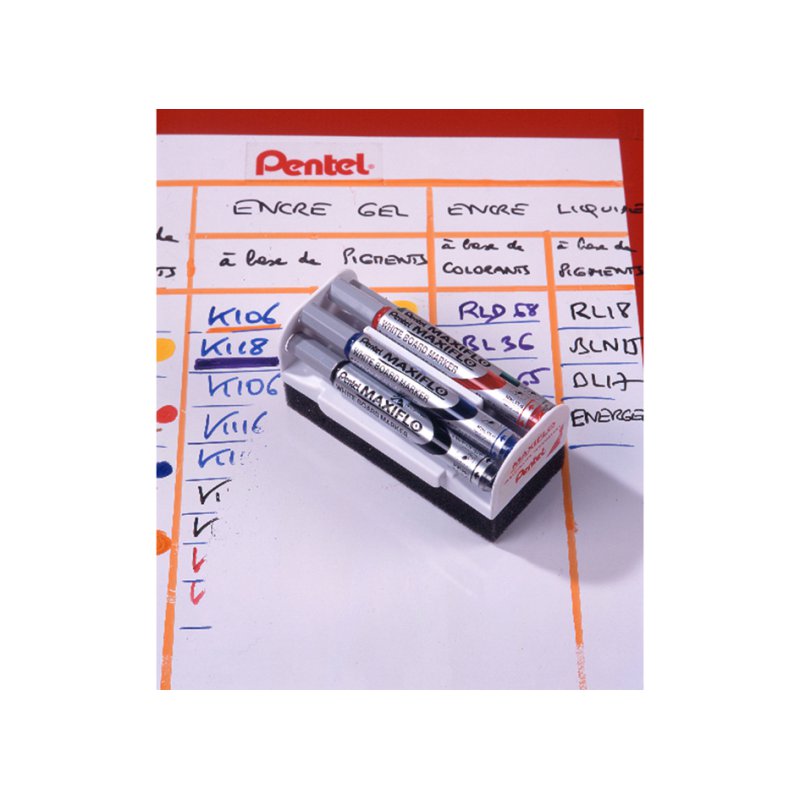 Pentel whiteboard marker set MAXIFLO MWL5M, magnetische wisser, 4 kleuren